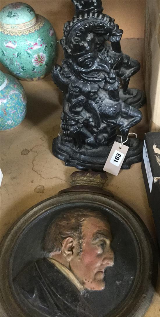 Duke of Wellington cast iron portrait wall plaque, Jobsons, 13 Nov 1834 & pair cast iron Mr Punch doorstops